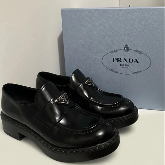Prada Black Leather Brushed Chocolate Loafers - Picture 1 of 6